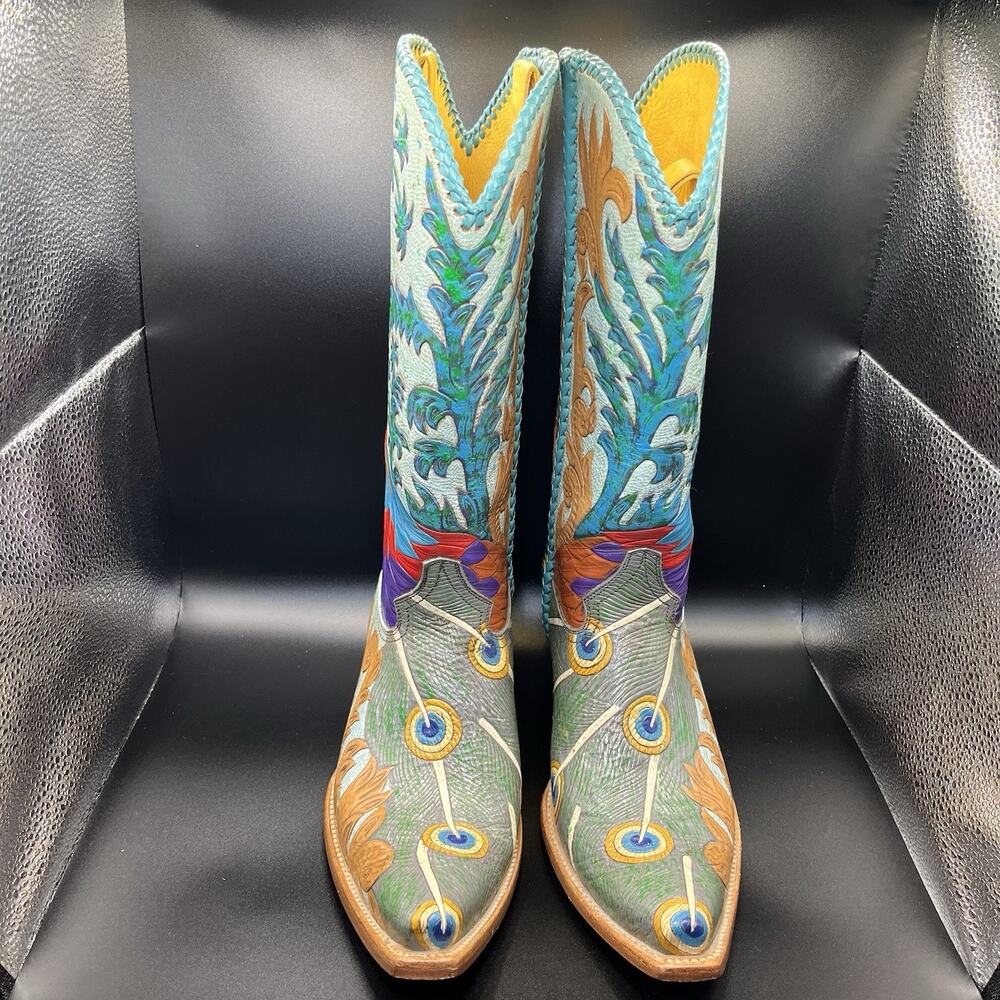 Carrie Cameron Peacock Boots Women's 8.5B Hand Tooled Painted Leather Western - Picture 5 of 16